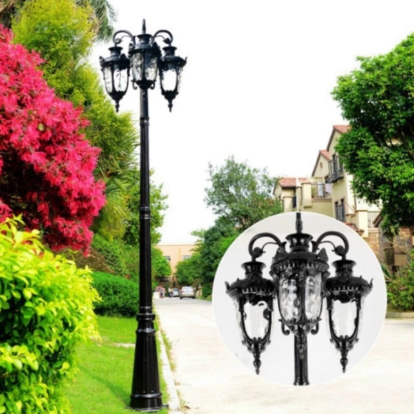 Đèn cột đen cao 2600mm, 03 chùa