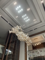 Đèn chùm pha lê thả thông minh PL059, không mâm, 139 lá thủy tinh trắng trong vảy vàng, 18 mắt COB dimmer có điều khiển xa, KT(mm): L2200*W600*H3600