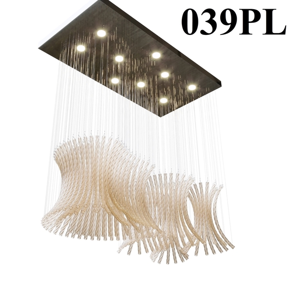 Bộ đèn chùm ống thủy tinh cong PL039.B, không mâm, 129 ống thủy tinh hổ phách, có điều khiển xa, đèn dimmer COB 3 màu max 133W min 19W, KT(mm): L1200*W600*H600