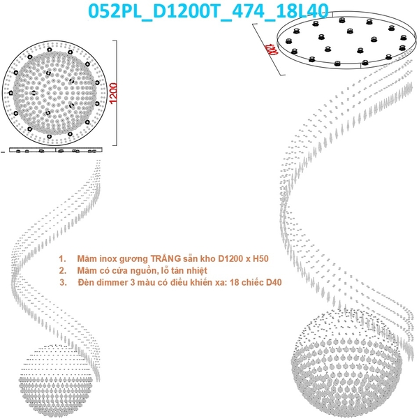 Đèn chùm pha lê thả thông tầng PL052 cao cấp dimmer 3 màu COB có điều khiển xa, hàng pha lê kép, mâm inox gương trắng tròn, KT(mm): 1200*3500
