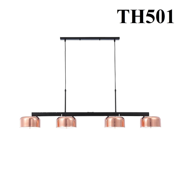 Đèn chùm thả bàn ăn TH501, E27*04, chao màu đồng D220*H100mm, đế đen thanh dài L580*W50*H20mm, KT(mm): L1390*H1500