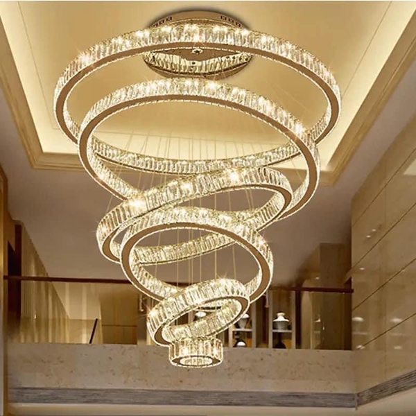 Đèn chùm Ring pha lê, gồm 6 vòng tích hợp led dimmer 3 màu, mã TH390, có ĐKTX, KT (mm): D200.400.600.800.1000.1200. 2 nguồn (40W_60W) x 6.