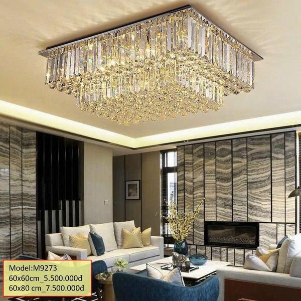 Đèn chùm pha lê thả thông minh PL024 gồm 2 tầng, mắt COB dimer 3 màu có điều khiển xa, mâm inox gương trắng hình chữ nhật, KT(mm): 800x 600 x 3600