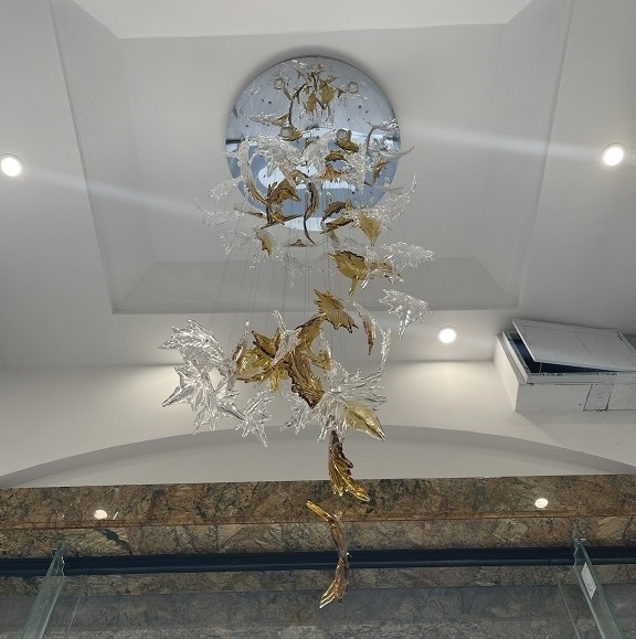Đèn chùm pha lê thả thông minh PL030 lá phong, Inox gương vàng chữ S, 188 lá phong, KT(mm): 3300x1100xH3300