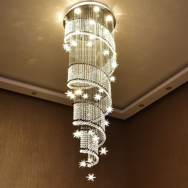 Đèn chùm pha lê thả thông tầng PL043 cao cấp dimmer 3 màu COB có điều khiển xa, mâm tròn inox gương trắng, KT(mm): D800 x H2500