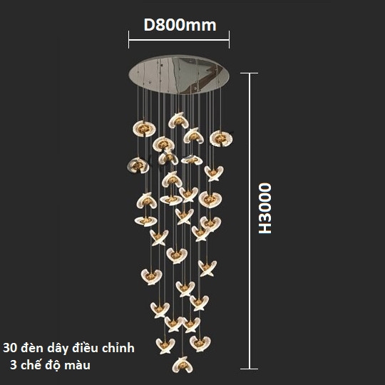 Bộ đèn chùm TH534, mâm tròn inox gương trắng, 30 đèn thả tự do led tích hợp 3 màu, dây dài nhất 3m, KT(mm): D800 x H3000