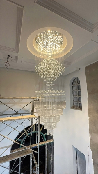Đèn chùm pha lê thả thông minh PL080, mâm tròn inox gương trắng, KT(mm): D1200 xH4000