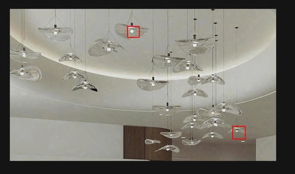 Đèn thông tầng nghệ thuật PL090 gồm 30 đèn tích hợp led (11 đèn D200, 12 đèn D250, 7 đèn D300), không mâm, KT(mm): 3400 x 2150 x 1000