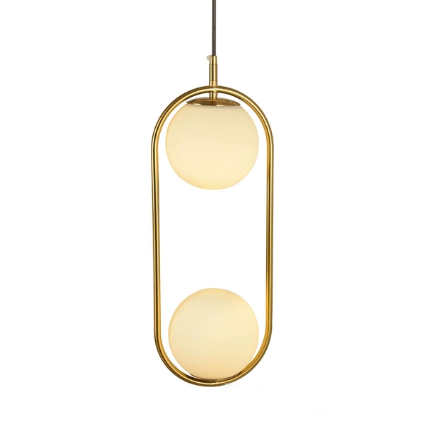 Đèn thả thủy tinh đơn TH210I3, hình oval mạ đồng 2 chao thủy tinh đục D150, E14x02, KT(mm): 200x500
