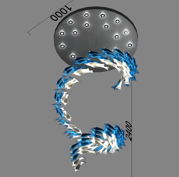 Đèn chùm thả cá pha lê thông minh PL087 gồm mâm tròn inox gương trắng 8K, 70 cá xanh và 38 cá trắng, 17 đèn dimmer 3 màu có điều khiển xa, KT(mm): D1000 x H2400