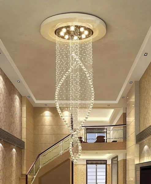 Đèn chùm pha lê thả thông minh PL068 cánh hoa gồm 80 hoa pha lê dây có hạt pha lê, mâm tròn inox gương trắng, 12 đèn dimmer 3 màu L40 có đk xa, KT(mm): 800*3600