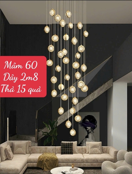 Bộ đèn chùm chao 3D TH510 gồm 15 quả thả tự do, mâm tròn inox gương vàng D600, KT(mm): D600 x H2800