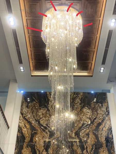 Đèn chùm pha lê thả thông tầng PL037B cao cấp dimmer 3 màu COB có điều khiển xa, mâm tròn inox gương trắng, KT (mm): D1000 x H3500
