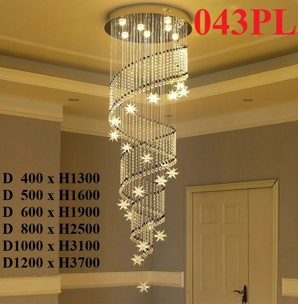 Đèn chùm pha lê thả thông minh PL043, Inox gương trắng tròn, 9 mắt COB, 75 dây pha lê, 20 dây hoa sao đui G4, KT(mm): D600 x H1900