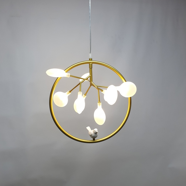 Đèn thả TH187C_09 bóng , thân vàng + 1 con chim + cây quay xuống  , G4 x 9 ,  lá thủy tinh 2 lòng  , KT(mm) : D600