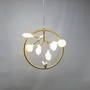 Đèn thả TH187C_09 bóng , thân vàng + 1 con chim + cây quay xuống  , G4 x 9 ,  lá thủy tinh 2 lòng  , KT(mm) : D600