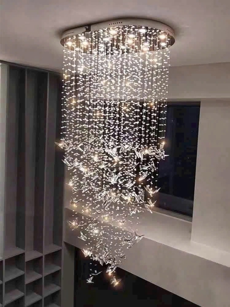 Đèn chùm pha lê thả thông minh PL064 120 bướm pha lê + hạt pha lê nhỏ trắng,18 mắt COB thông minh,inox gương trắng tròn, có điều khiển từ xa KT(mm): D1200 x H2500