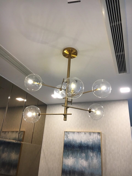 Đèn thả sắt sơn tĩnh điện vàng thanh ngang TH223 , 8 choa thủy tinh trắng , G4 x 8 , KT(mm) : D900 x H1150