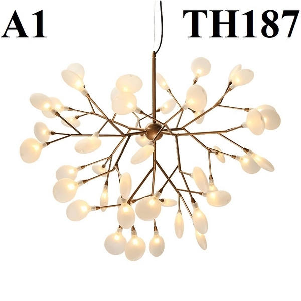 Đèn hera lá thủy tinh TH187A1 loại 45 bóng dạng cành thân sơn vàng, lá thủy tinh trắng trong, KT(mm): 820 x 620