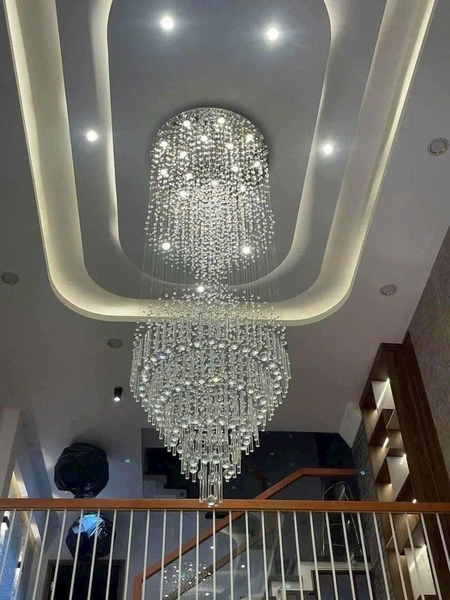 Đèn chùm pha lê thả thông minh PL080,  mắt COB cao cấp D40 có điều khiển xa dimmmer, mâm tròn inox gương trắng, KT(mm): D600xH2000
