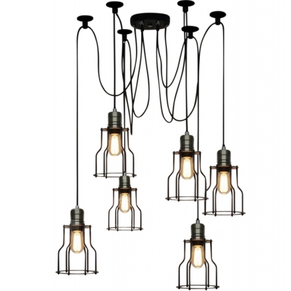 Đèn thả dây điện chân nhện mềm rọ 002 đen 06 đui, E27 x 06