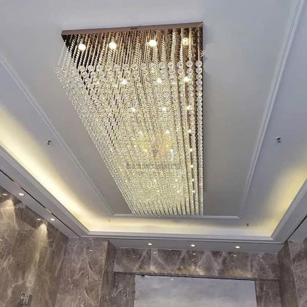 Đèn sảnh pha lê thả dimmer thông minh, dây phale PL007C, mâm inox gương trắng KT(mm): V2000_600_H500mm.