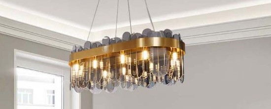 Đèn thả inox mạ đồng + pha lê khói TH432.2, tích hợp led 3 chế độ ánh sáng, có điều khiển xa, Kích thước(mm): L800 x W350 x H1200