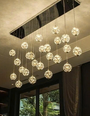 Bộ đèn chùm thông tầng TH540, mâm inox gương trắng, gồm 36 quả thả tự do tích hợp led, mâm hình vuông KT(mm): 2000 x 500 x 1500