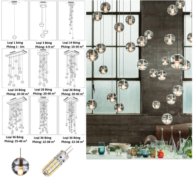 Đèn thả quả cầu hình giọt nước TH177.1 , G4 x 01, có đế đơn inox + chưa có dây cáp + chưa bóng G4