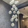 Bộ đèn chùm thông tầng TH540, mâm tròn inox gương vàng, gồm 30 quả thả tự do tích hợp led + G4 x 01, KT(mm): D800 x H4000