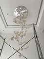 Đèn chùm pha lê thả thông minh PL059, mâm tròn inox gương trắng, 58 lá thủy tinh trắng trong vảy vàng, 13 mắt COB dimmer có điều khiển xa, KT(mm): D800 x H2200