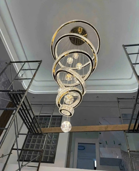 Đèn thả trang trí ring pha lê 564TH:6 vòng 20.40.60.80.100.120, kết hợp 8 cầu led 3 màu