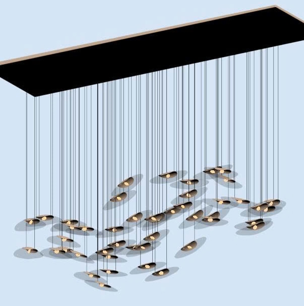 Bộ đèn thông tầng PL090,Mâm inox gương vàng 8K , Lá sen thủy tinh lắp bóng G4 điện áp 110V chia đều 3 kích cỡ:27 Cái, đã gồm bóng G4, KT(mm): 1400x400xH1150