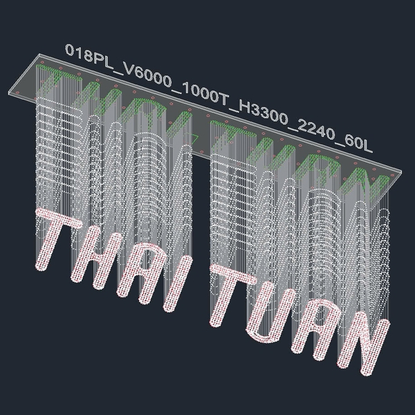 Đèn chùm pha lê thả thông minh PL018, gồm 2240 dây pha lê tạo hình chữ pha lê thương hiệu, 60 mắt COB dimmer có điều khiển xa, mâm hình chữ nhật inox gương trắng, KT(mm): L6000 x W1000 x H3500