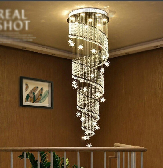 Đèn chùm pha lê thả thông minh PL043, Inox gương trắng tròn, 9 mắt COB, 75 dây pha lê, 20 dây hoa sao đui G4, KT(mm): D600 x H2000