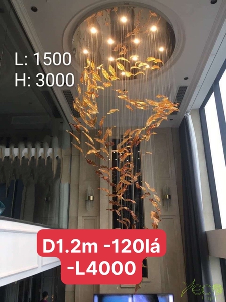 Đèn chùm pha lê thả thông minh PL045 gồm 120 lá lông vũ màu hổ phách, 17 mắt COB dimmer có điều khiển xa, mâm tròn inox gương trắng 8k dày 1mm, KT(mm): D1200 x H4000