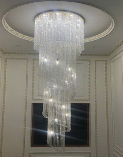 Đèn chùm pha lê thả thông tầng PL037B cao cấp dimmer 3 màu COB có điều khiển xa, mâm tròn inox gương trắng, KT (mm): D1100 x H2040