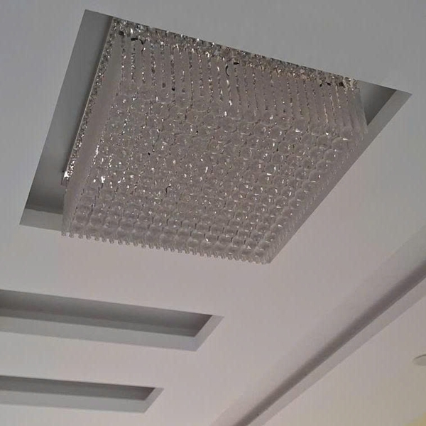 Đèn chùm pha lê thả thông tầng PL024 cao cấp dimmer 3 màu COB có điều khiển xa, mâm vuông inox gương trắng, KT(mm): L700 x W700 x H265