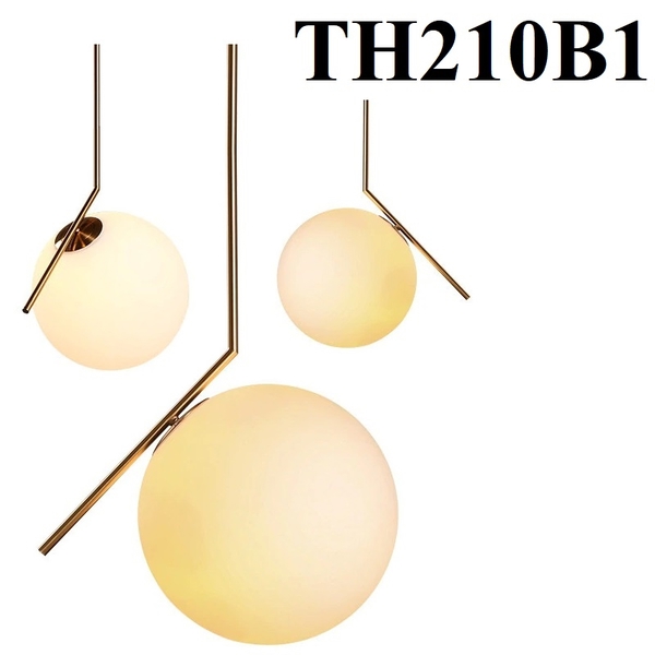 Đèn thả thủy tinh đơn TH210B,  thân L chếch mạ đồng chao thủy tinh đục D250, E27x01, KT(mm):