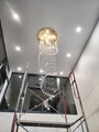 Đèn chùm pha lê thả thông minh PL071, Inox gương trắng tròn, 50 dây pha lê, 4 mắt COB dimmer có điều khiển xa, KT(mm): D600 x H1900
