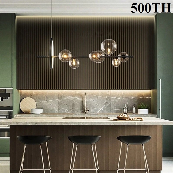 Đèn thả thủy tinh TH547, thân đen chao thủy tinh trắng trong, G9x , KT(mm): L900