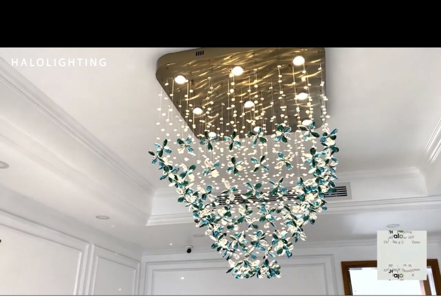 Đèn chùm pha lê thả thông minh PL068, 36 dây thả, inox gương trắng vuông, 9 COB, KT(mm): 800x800x1000
