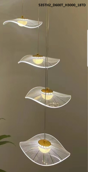 Bộ đèn chùm TH535.2, mâm tròn inox gương trắng, 18 đèn thả tự do led tích hợp 3 màu, dây dài nhất 3m, KT(mm): D600 x H3000
