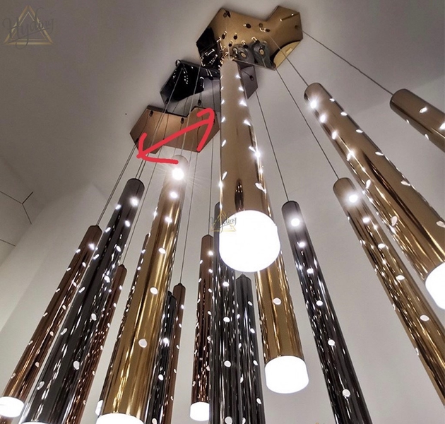 Bộ đèn chùm TH473_06DG, 6 thanh ống mạ đồng (D36*H430) x 3W, KT mâm (mm): L525*W30*H45