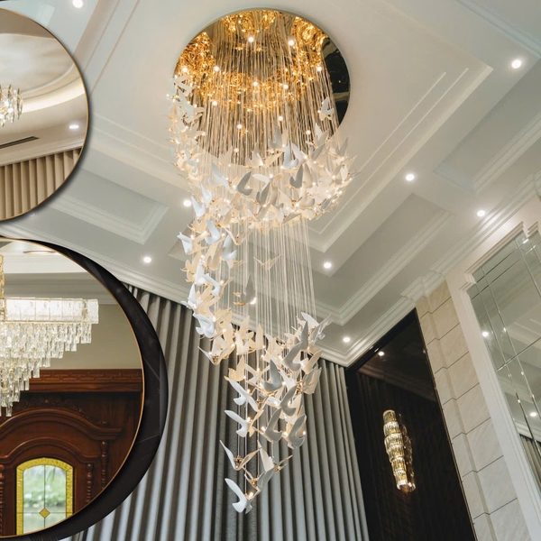 Đèn trang trí chim sứ mạ vàng 063PL5, có 148 con chim 063tt5 ( 58con dùng cáp quang,  90 con dùng bóng G4 3 màu), mâm inox gương vàng có 15 mắt COB dimmer D40 có điều khiển ,KT(mm):1200x3950