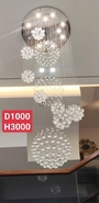 Đèn chùm pha lê thả thông minh PL021D, đèn dimmer 3 màu có điều khiển xa, mâm tròn inox gương trắng, KT(mm): D1000 x H3000
