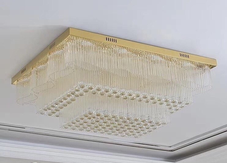 Đèn chùm pha lê thả thông tầng PL002 cao cấp dimmer 3 màu COB có điều khiển xa, mâm vuông inox gương vàng, KT(mm): L1200 x W1200 x H650