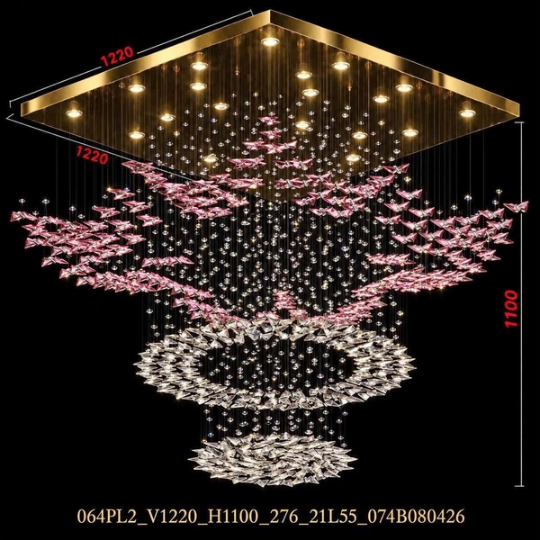 Đèn chùm Bướm pha lê cao cấp 064PL gồm 215 bướm pha lê mix hồng và trắng, mâm vuông inox gương vàng 21 đèn dimmer 3 màu thấu kính L40  điện 110V có điều khiển xa, KT(mm): 1220*1220*1100