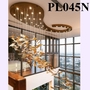 Đèn chùm pha lê thả thông minh PL045N nòng nọc, inox gương vàng, 230 lá lông vũ, KT(mm): L2400 x W1200 x H3000