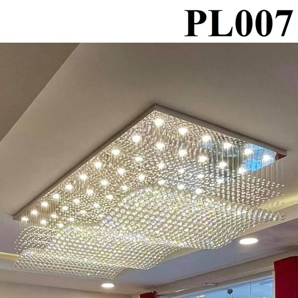Đèn chùm pha lê thả thông minh PL007 lượn sóng, mâm inox gương trắng hình chữ nhật, 1600 dây treo, 90 mắt COB dimmer có điều khiển xa, KT(mm): L1200 x W1000 x H350
